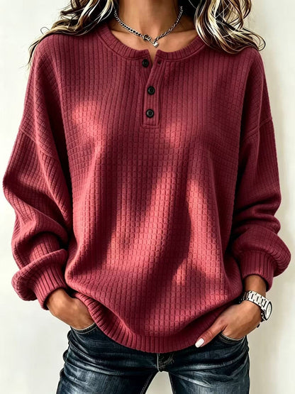 Womens Plaid Casual Loose-fit Crew-neck Long-sleeve Sweatshirt With Buttons