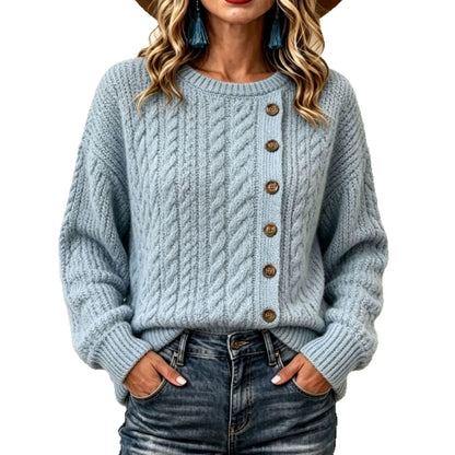 Womens Knitted Casual Comfortable Long-Sleeve T-Shirt With Buttons