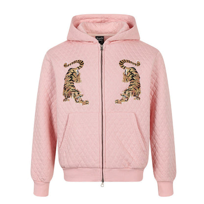 Tiger-Embroidered Rhombic-Check Thickened Hoodie
