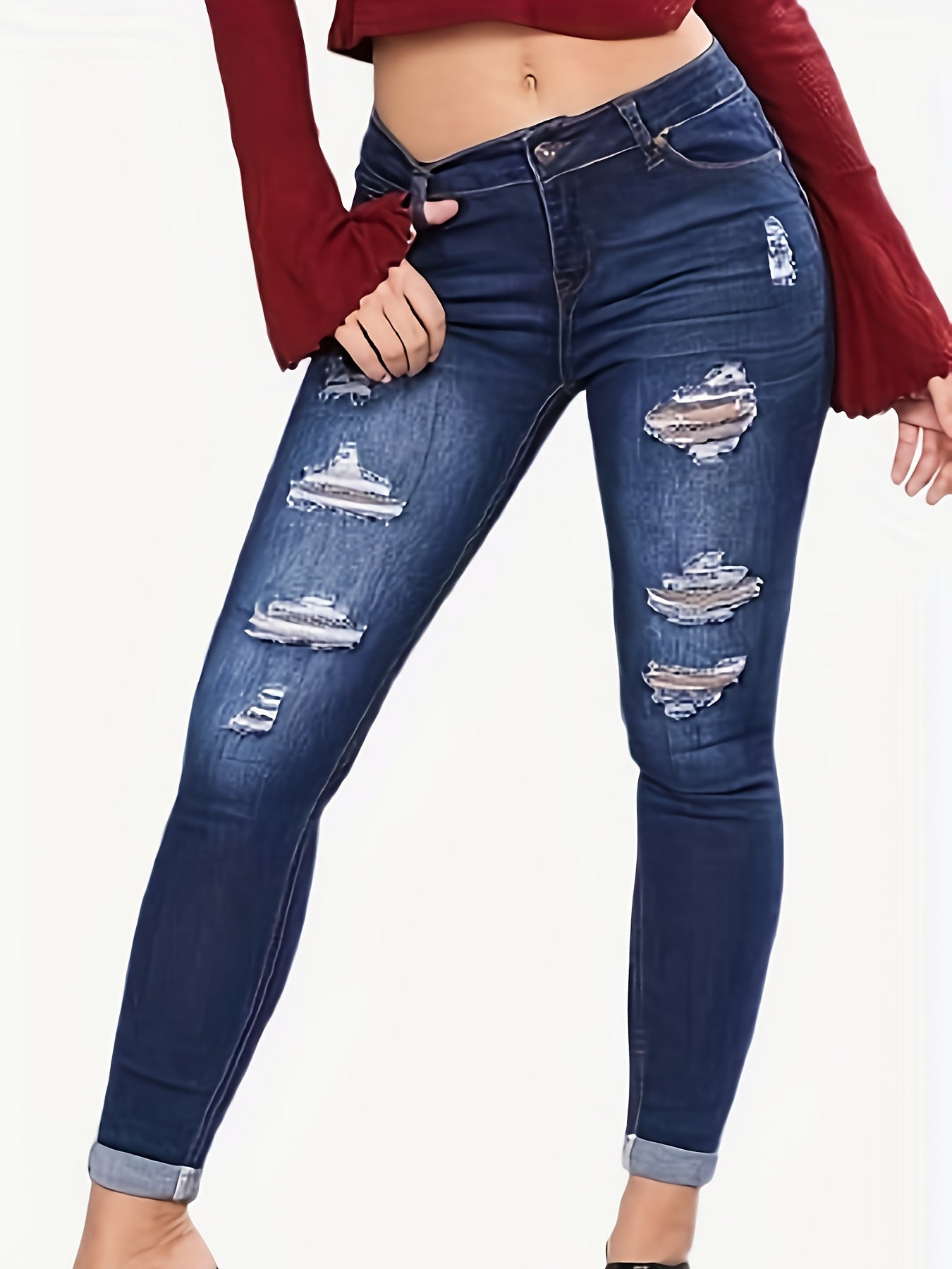 Stylish Blue Frayed-edge Denim Jeans American Street-style With A Unique Flair