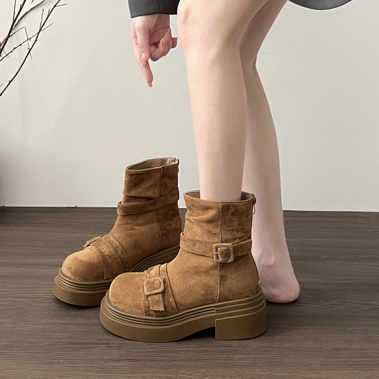 Women's Platform Heightening British Style Martin Boots, 2026 New Arrival, Trending Vintage Western Cowboy Pants Shaft Low-Cut Ankle Boots