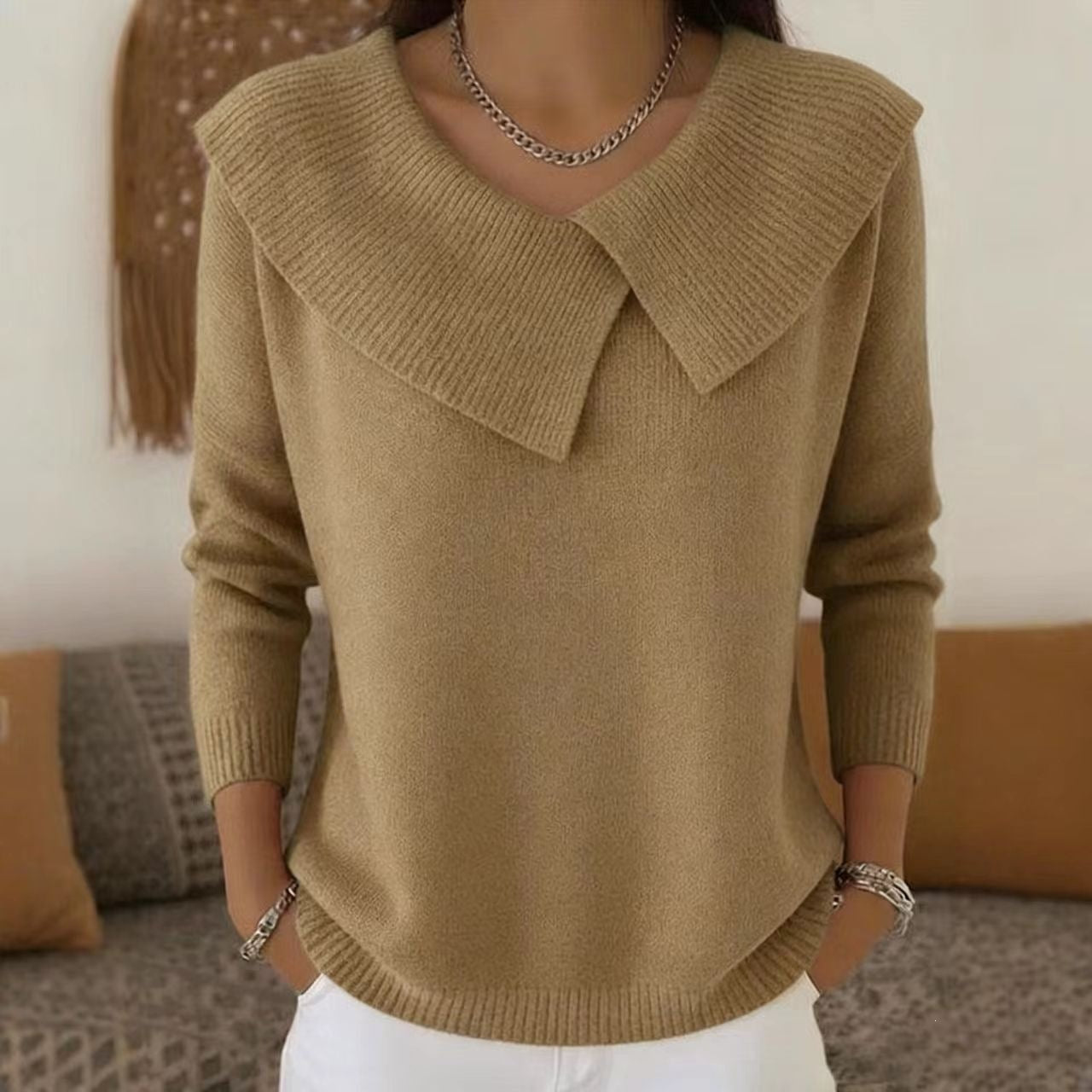 Women's Autumn  Winter New Arrival  Chic Oversized Sweater, Korean Retro Collared Knit Top, Slimming & Versatile