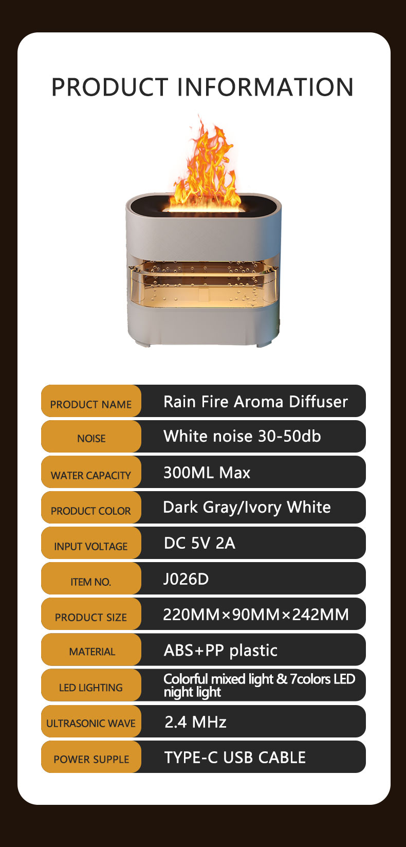 Rain Fire Aroma Diffuser with product details on a white background