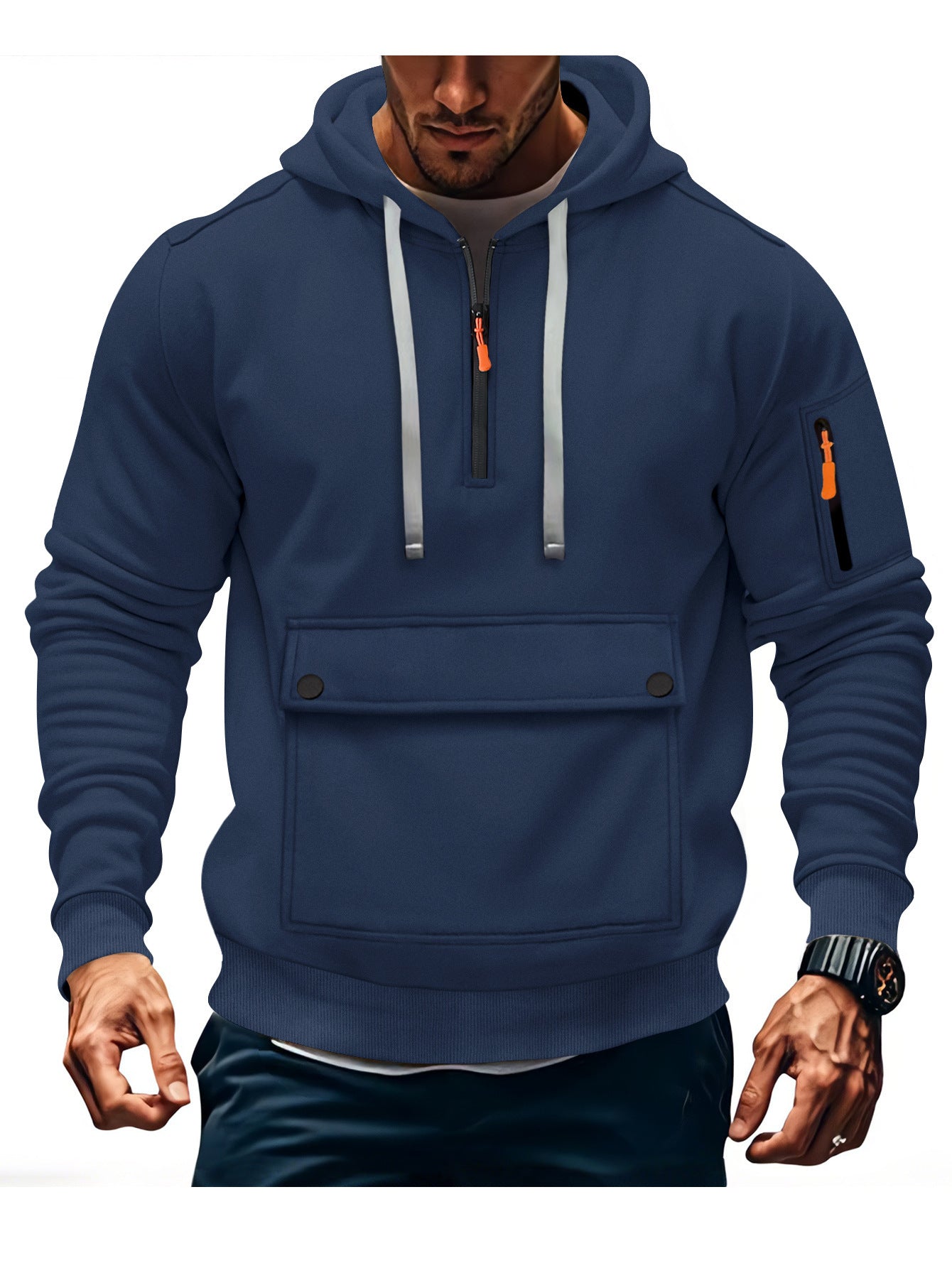 Mens Hooded Sweatshirt Jacket With Zippered Sleeves And Large Pockets