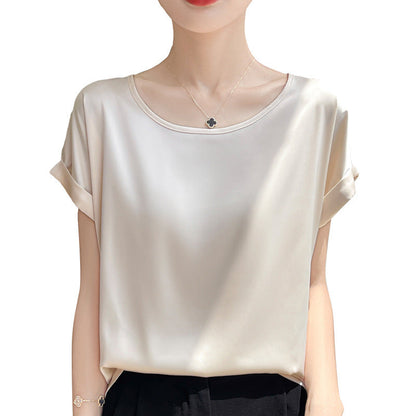 French-style Minimalist Chic Round-neck Short-sleeve Blouse For Women