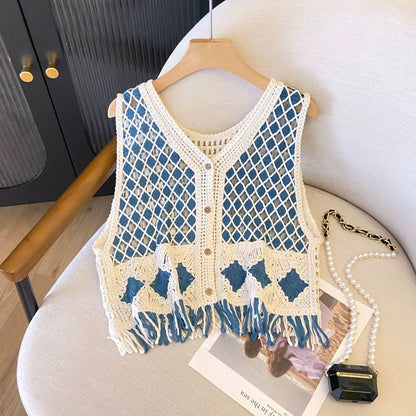 Vintage Diamond-Pattern Tassel Knitted Vest For Women