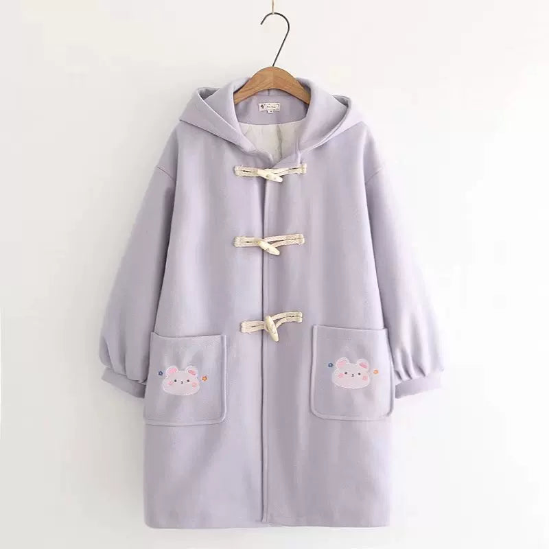 Solid-color Horn-button Womens Hooded Cardigan Wool Coat