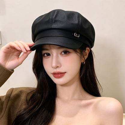 Fashionable Retro Matte PU Solid-color Newsboy Hat With Metal Label And Soft Leather Pumpkin Hat For Autumn Winter, Classic British Style, Versatile For All Occasions