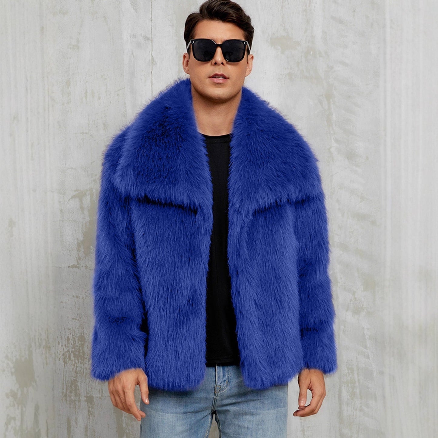 Mens Short Lapel-style Faux Fur Jacket Warm Outerwear