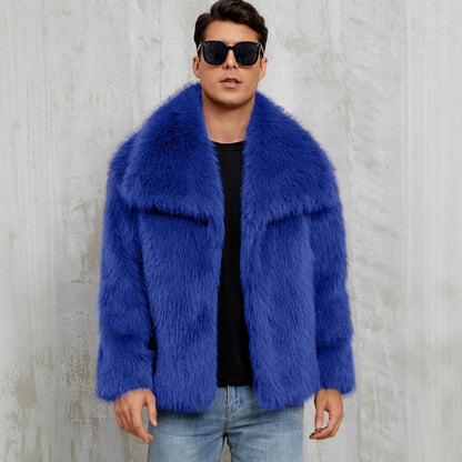 Mens Short Lapel-style Faux Fur Jacket Warm Outerwear