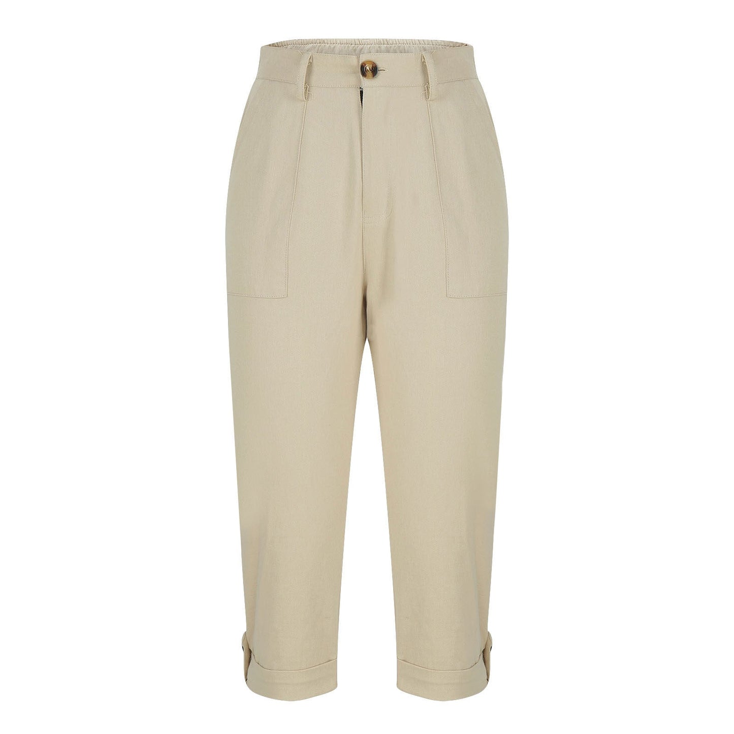 Cross-border Women's Solid Color Workwear Pants Waist Button Pants Ear Design Pants Leg Curled Women's Cropped Pants