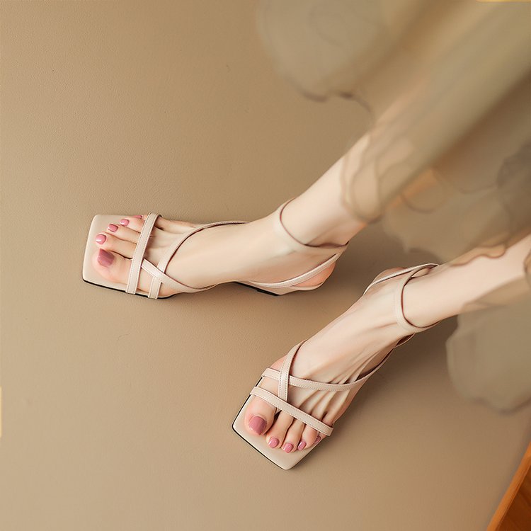 Women's French High End Wedge Sandals New Summer Square Toe Thong One Band Invisible Height Increasing Comfortable Shoes