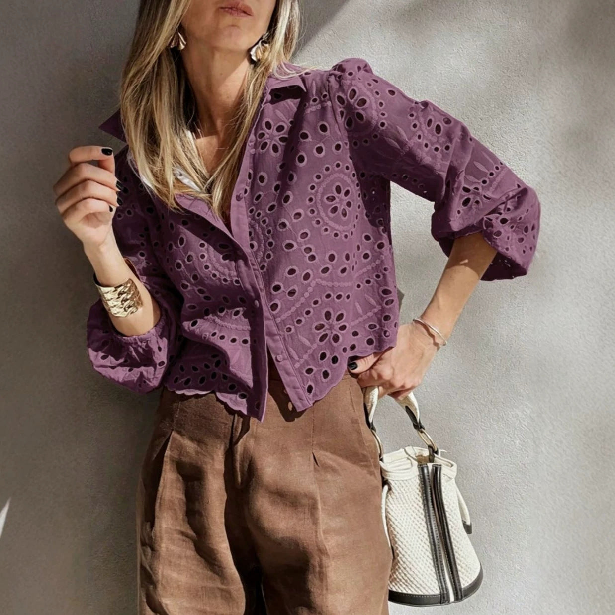 Women's Solid-color Loose-fit Hollow-out Embroidered Short Shirt
