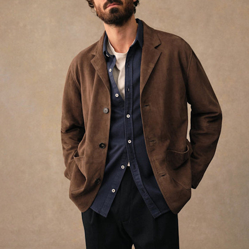 Mens Suede-Lined Lapel Vintage Casual Jacket Coat