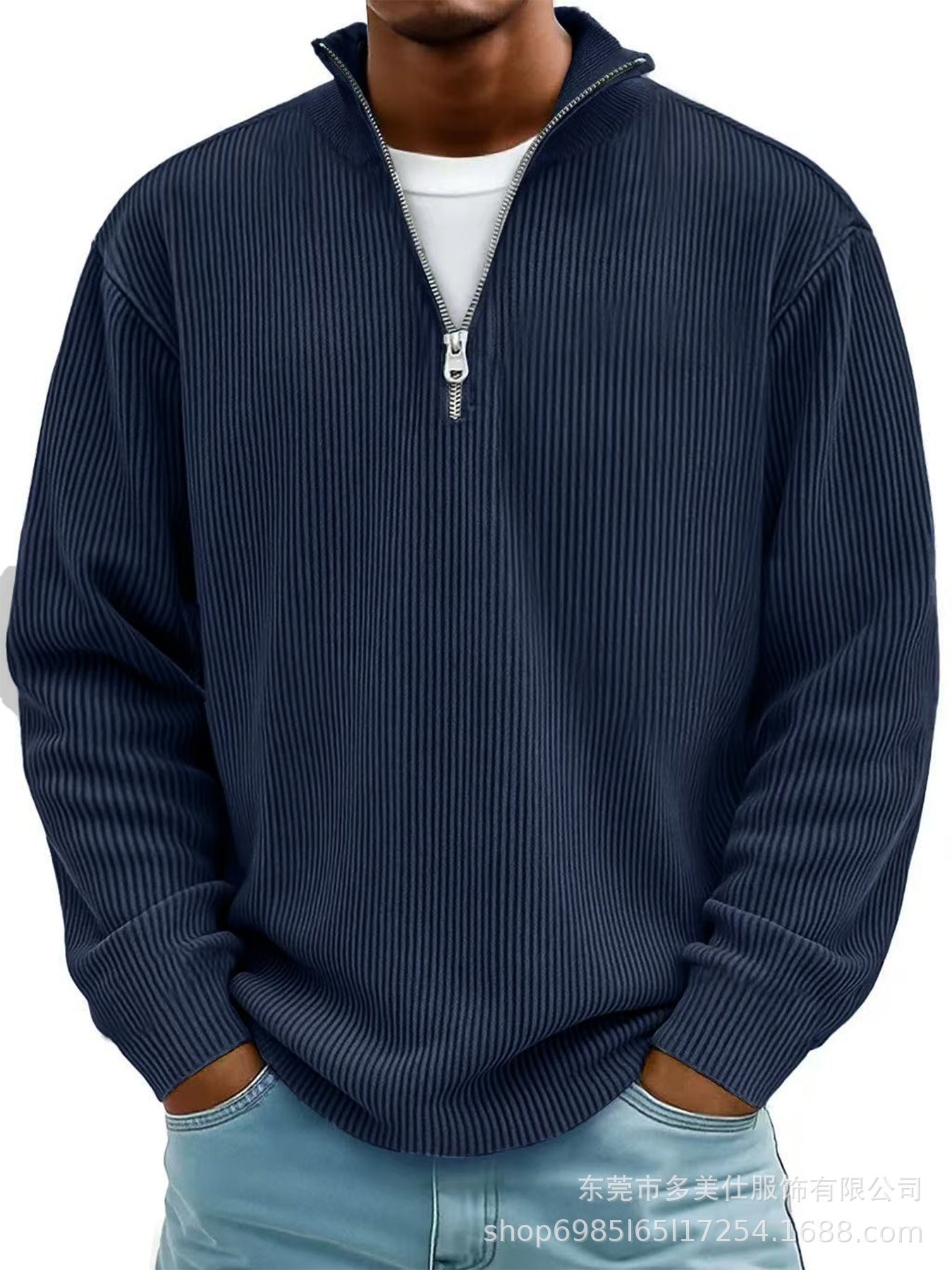 Autumn And Winter New Men's Casual Stand-Up Collar Zipper Corduroy Long-Sleeved Men's Polo Shirt Sweatshirt