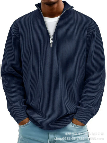 Autumn And Winter New Men's Casual Stand-Up Collar Zipper Corduroy Long-Sleeved Men's Polo Shirt Sweatshirt