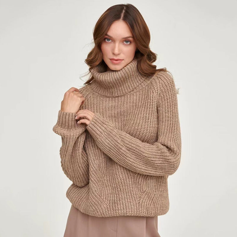 Women's Turtleneck Sweater Knitted Loose New Turtleneck Thickened Autumn And Winter Sweater Turtleneck Solid Color Casual Mid-length Sweater