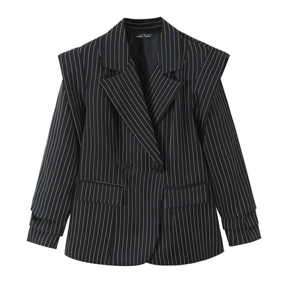 Striped Wide-shoulder Blazer For Women