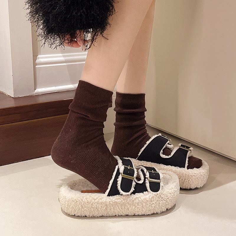 Women Platform Fuzzy Slides Plus Size New Belt Buckle Open Toe Autumn Winter Outdoor Fleece Lined Warm Slippers