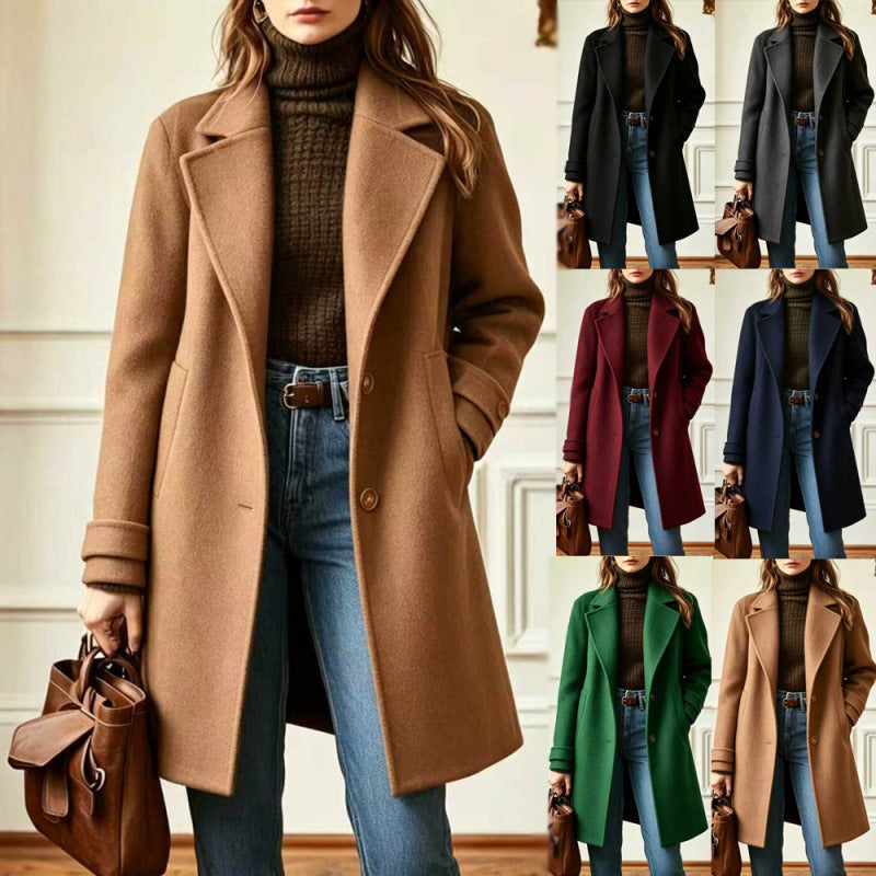 Elegant Midi-length Single-breasted Solid-color Wool Coat With A Lapel