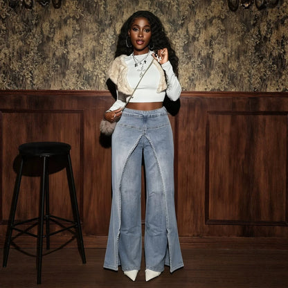European And American Style Women's Jeans, Washed High-Waisted Double-Layer Split Straight-Leg Pants, Cross-Border Trendy Slim-Fit Floor-Length Denim Trousers
