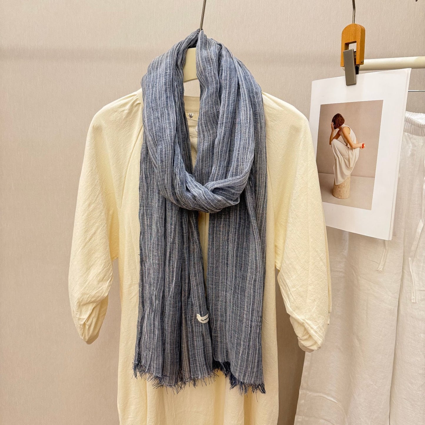 Striped Pleated Cotton-Linen Scarf
