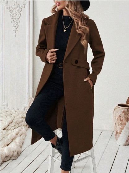 Womens Solid-color Wool Coat With A Lapel And Double-breasted Design