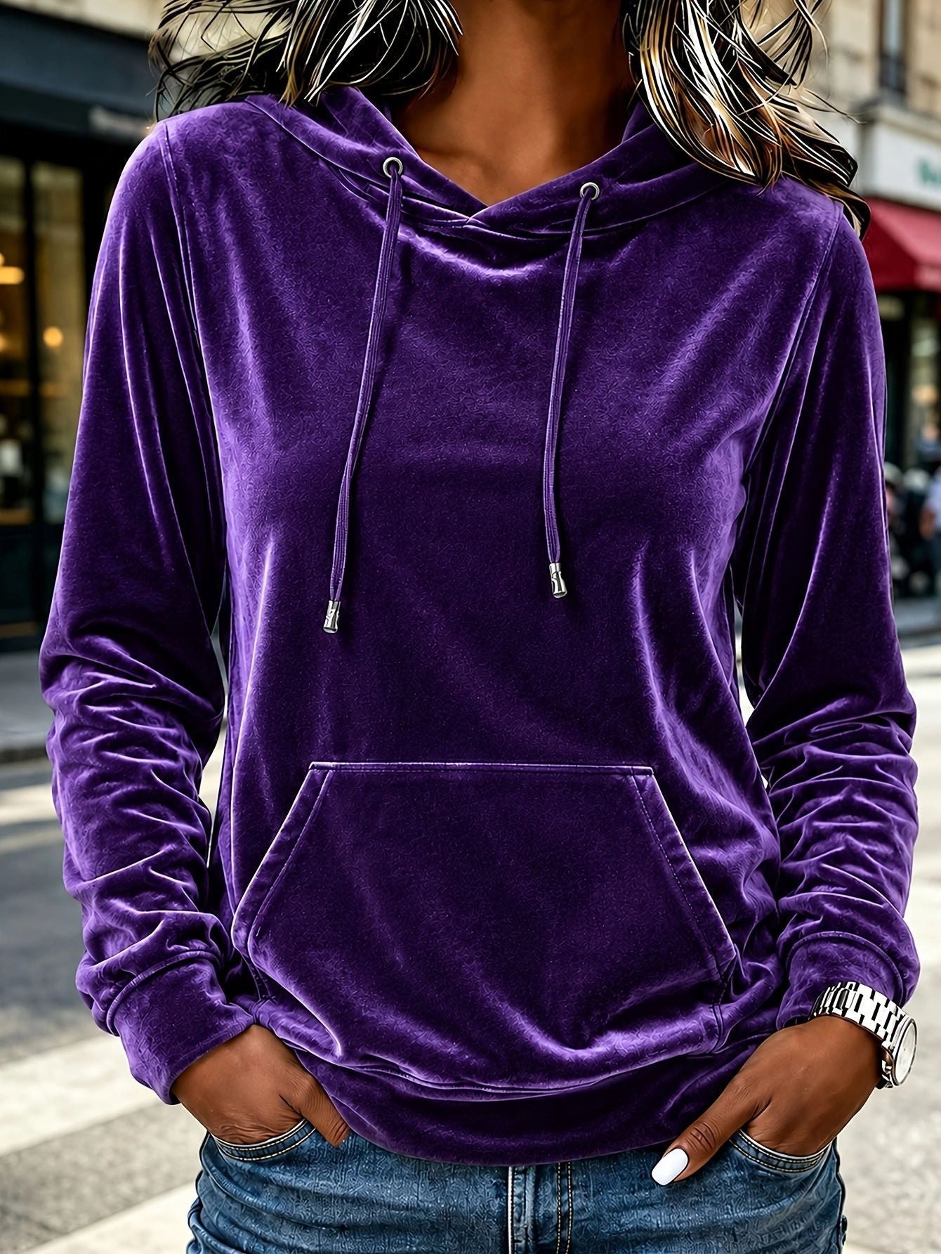 Anno Self-Designed 2026 Euro-American Women's Casual Fashion Velvet Hooded Sweatshirt Top With Drawstring