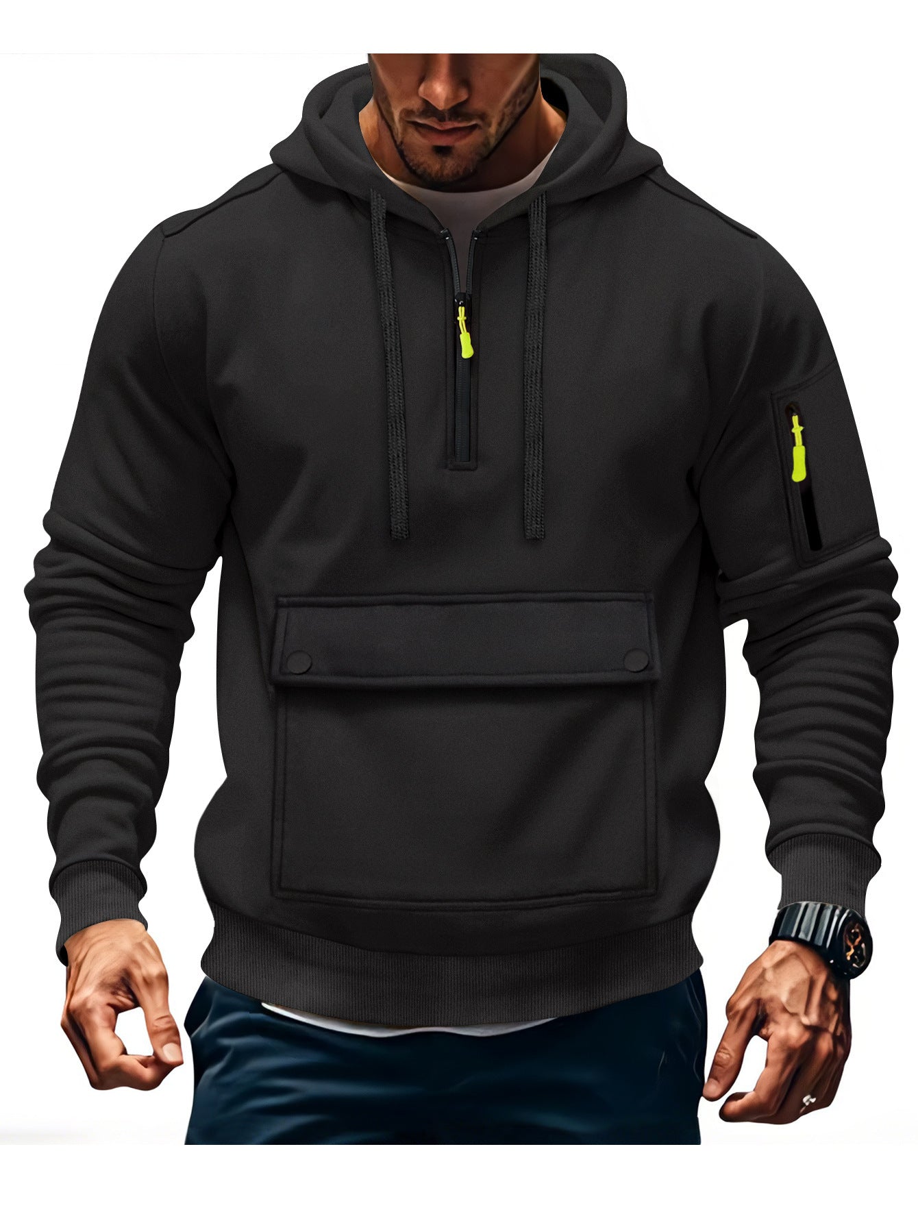 Mens Hooded Sweatshirt Jacket With Zippered Sleeves And Large Pockets