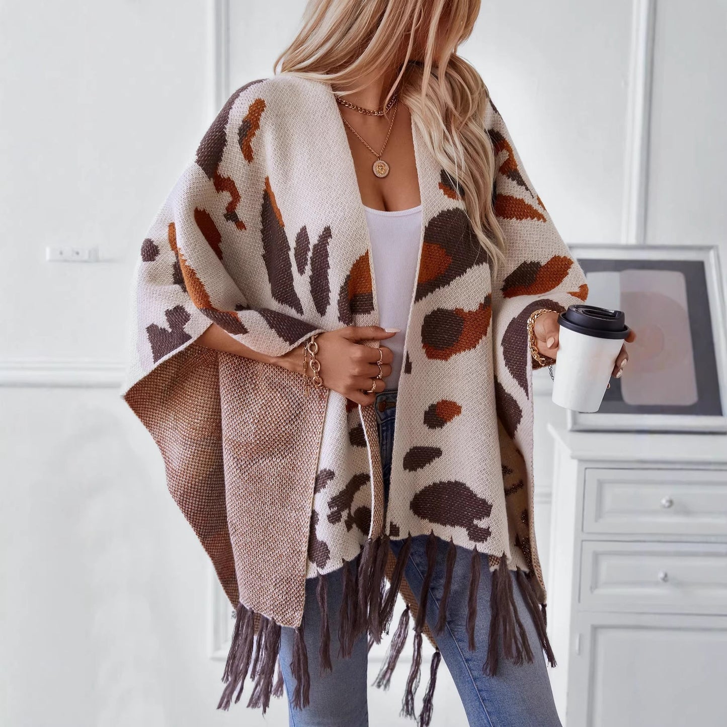 Drizzle-Color Leopard-Print Knitted Tassel CapeShoulder Wrap For Women