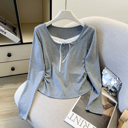 Lace Faux Two-piece Square-neck Long-sleeve T-shirt