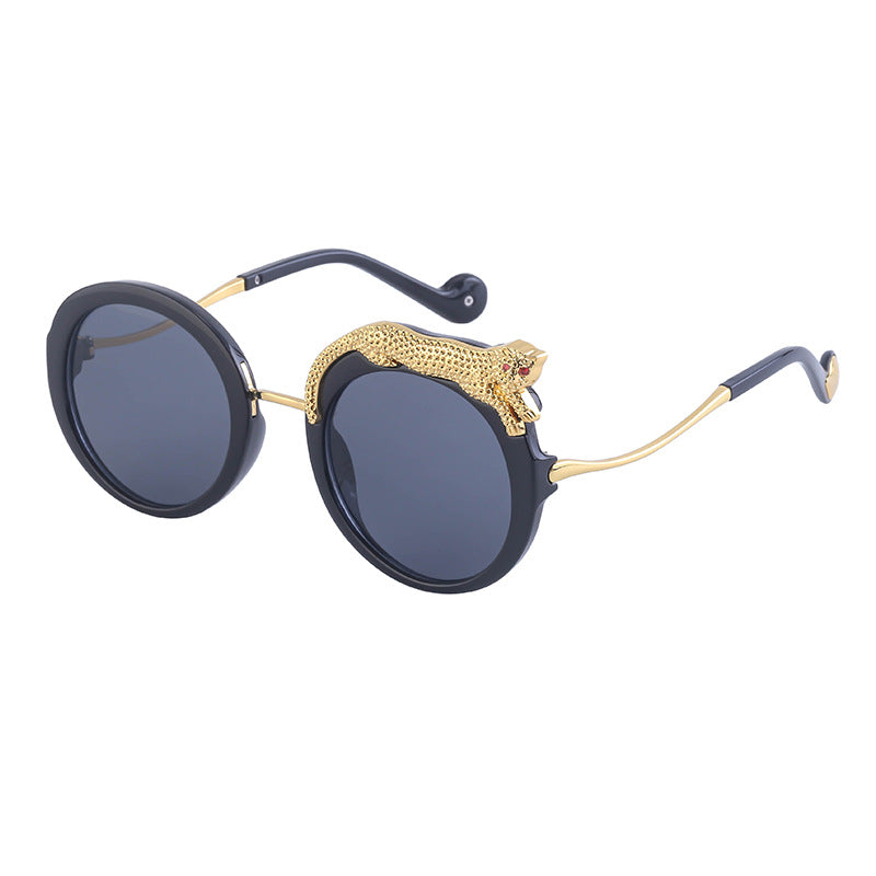 New Anti-Blue Light Glasses For Women With Leopard Head And Diamond Embellishments, European And American Style Round Frame Sunglasses, Trendy Large Frame Sun Protection Sunglasses With A High-End Fee