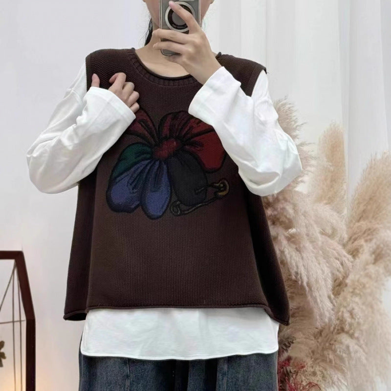 Womens Floral-Print Crew-Neck Loose-Fit Vintage Knitted Vest