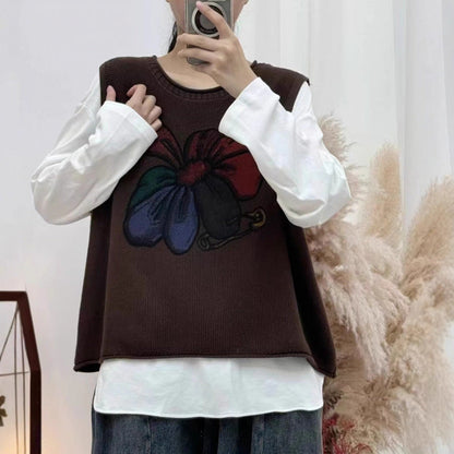 Womens Floral-Print Crew-Neck Loose-Fit Vintage Knitted Vest