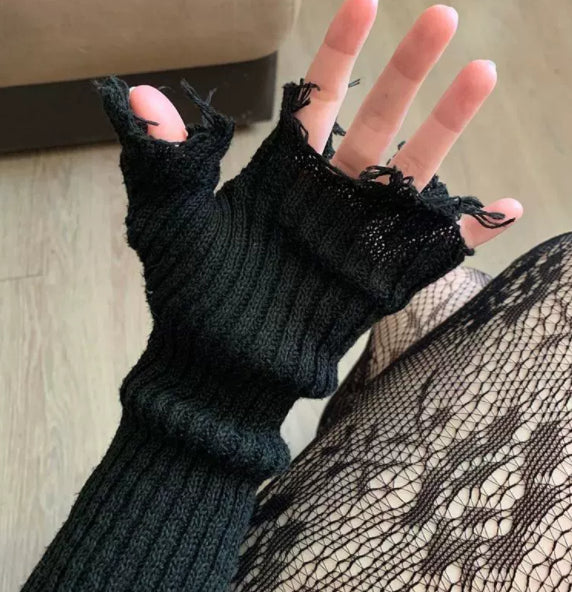 1pair Black Tattered Punk Unisex Fingerless Cuff Knit Gloves