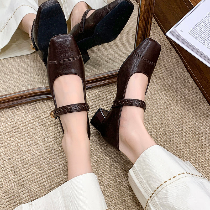 Women Vintage French Crinkled Leather Block Heel Pumps, Square Split Toe Strap Round Gold Metal Button Short Chunky Mid Heel Office Daily Commuting Dress Shoes