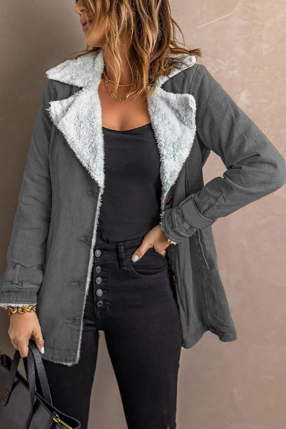 Womens Long-sleeve Coat With Fleece Lining Warm Top