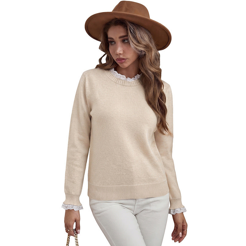 Fake Two-piece Lace-panel Crew-neck Sweater