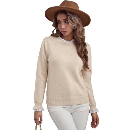 Fake Two-piece Lace-panel Crew-neck Sweater