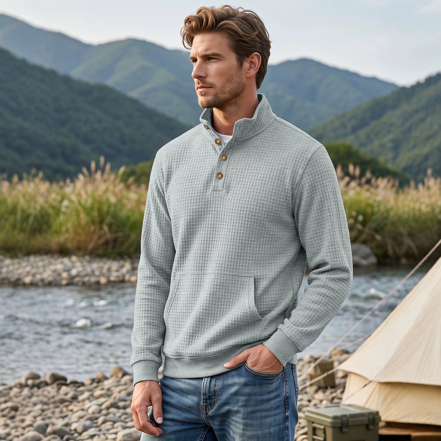 Men's Autumn & Winter Waffle Solid Color Half-Zip Stand Collar Pullover, Foreign Trade Long Sleeve Casual Sweatshirt