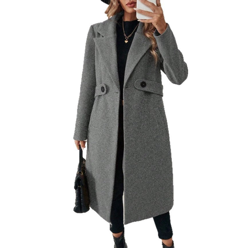Womens Solid-color Wool Coat With A Lapel And Double-breasted Design