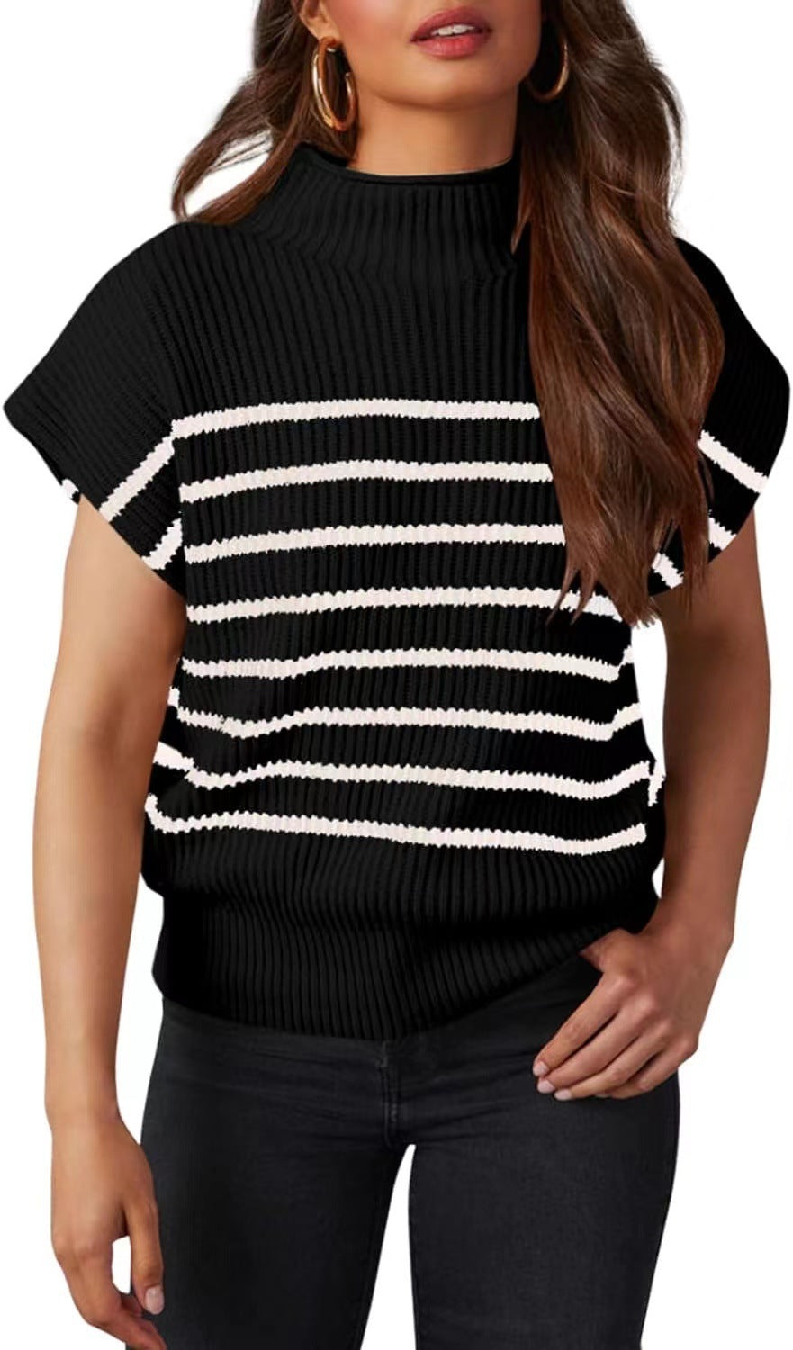 2024 Amazon European And American Women's Sweater Cap Sleeve Small Turtleneck TEUM Loose Rib Knitted Pullover Striped Top