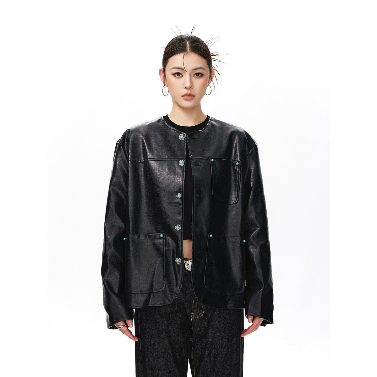 Womens Black Alligator-Print Collarless Leather Jacket