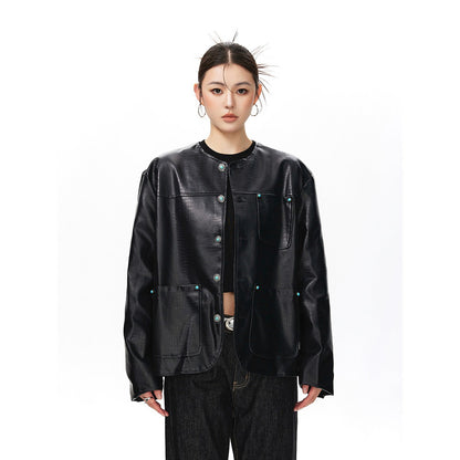 Womens Black Alligator-Print Collarless Leather Jacket