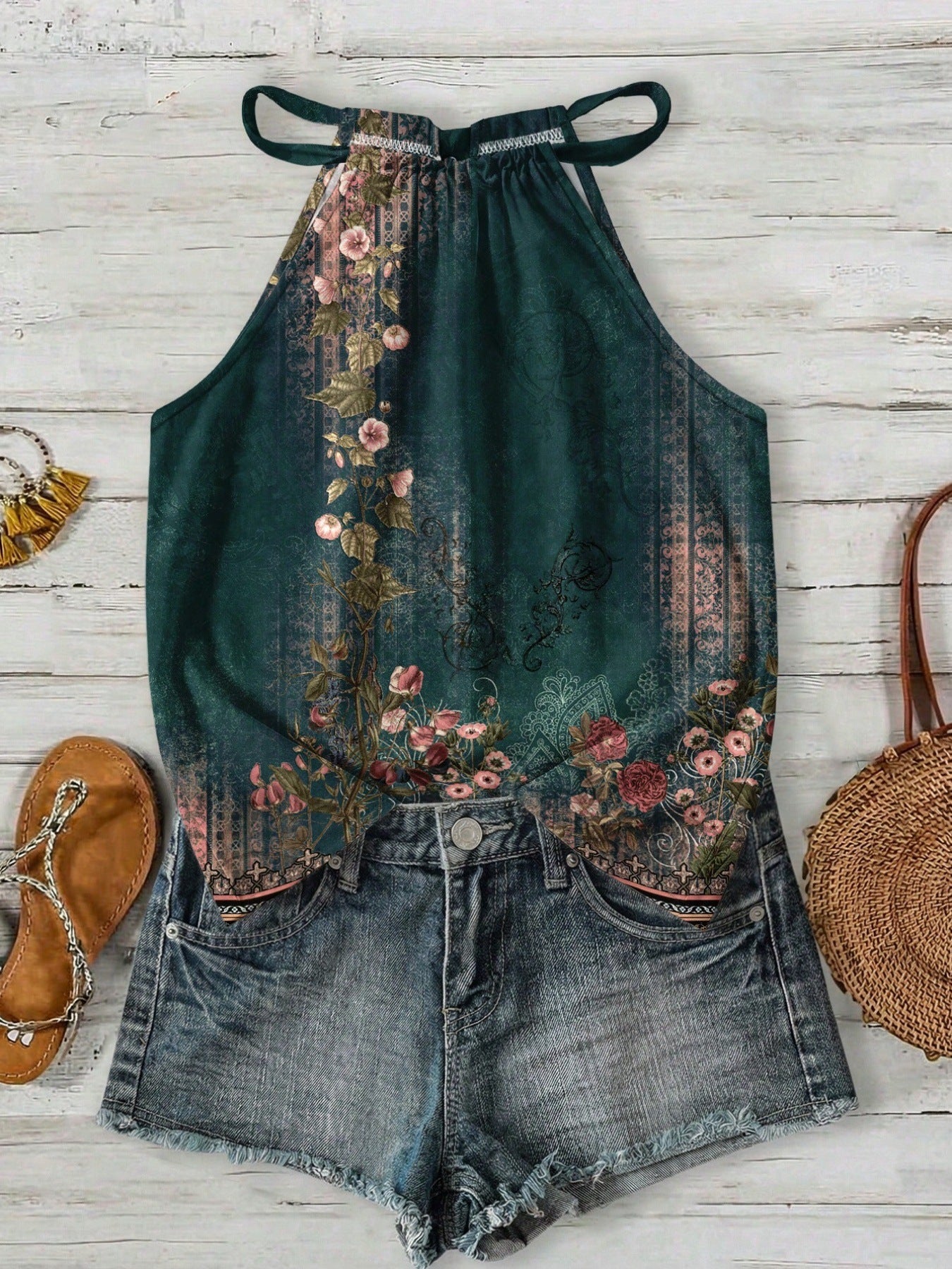 Womens Casual Resort-style Halter-neck Sleeveless Tank Top