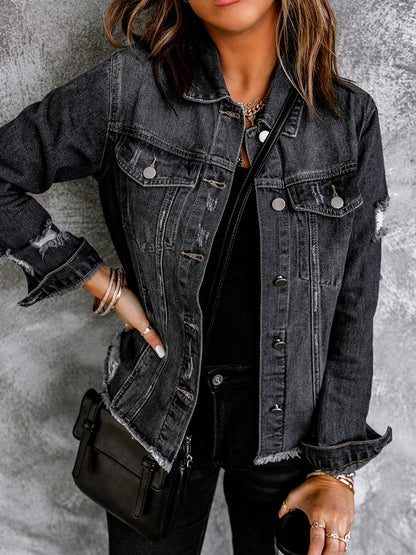 Female Creative Perforated Denim Long Sleeved Shirt