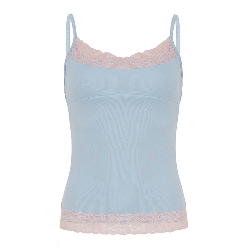 2026 Summer Women's Y2K Hot Girl Pure Desire Lace Trim Color-Block Slim Fit Versatile Tank Top
