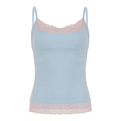 2026 Summer Women's Y2K Hot Girl Pure Desire Lace Trim Color-Block Slim Fit Versatile Tank Top