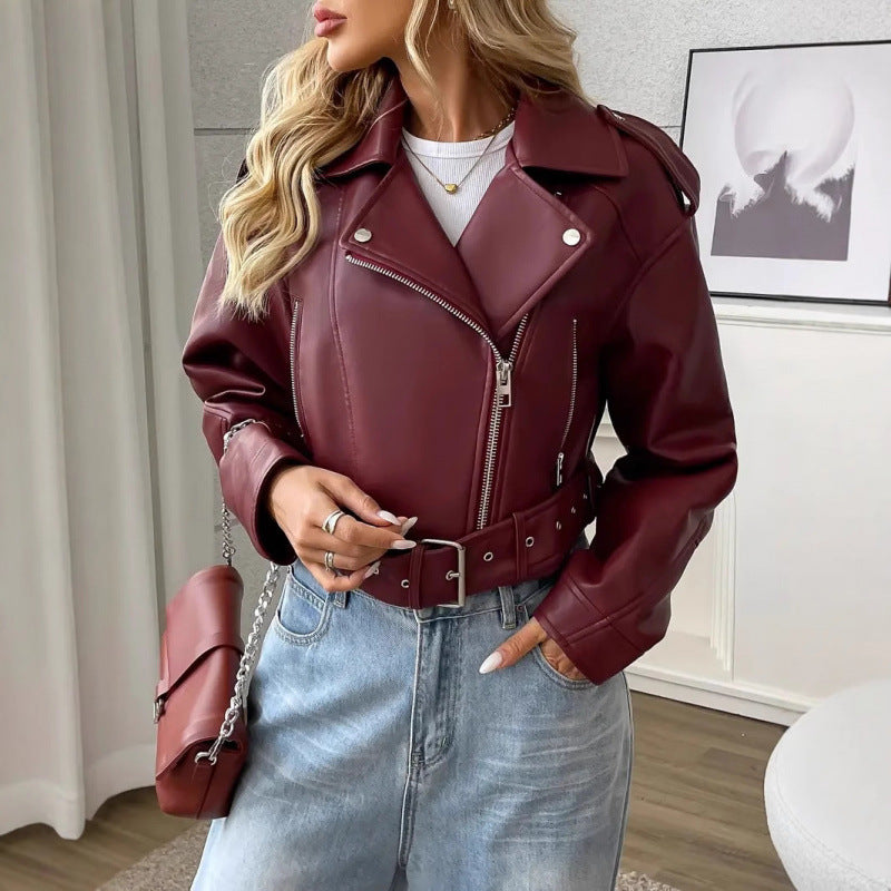 Vintage Lapel Slim-Fit Short PU Leather Jacket Womens Biker Jacket
