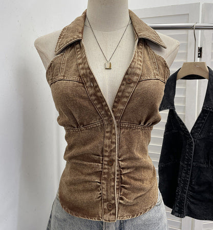 Neck-hanging V-neck Denim Vest Sleeveless Top For Women